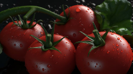Ripe tomatoes with water drops on a black background. 3d illustrationの写真素材