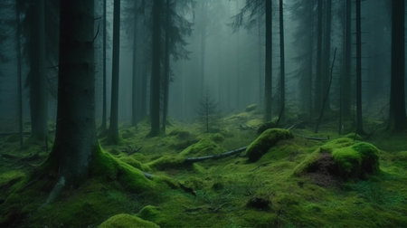 Mysterious dark forest with fog and moss, panoramic viewの写真素材