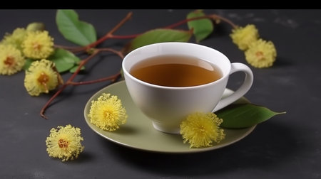 Cup of tea with yellow flowers on a black background. Copy space.の写真素材