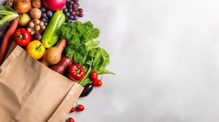 Paper bag full of fresh organic vegetables and fruits. Healthy food delivery conceptの写真素材