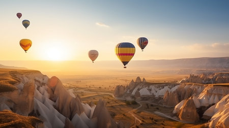 Hot air balloons flying over Cappadocia, Turkey.の写真素材