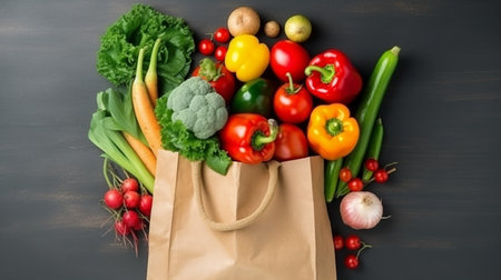 Shopping bag with fresh vegetables on black wooden background. Top viewの写真素材