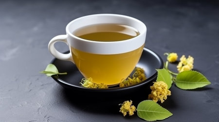 Cup of tea with flowers of linden on a dark background.の写真素材