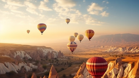 Hot air balloons flying over valley in Cappadocia, Turkeyの写真素材