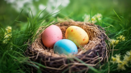 Colorful easter eggs in nest on green grass with flowers.の写真素材