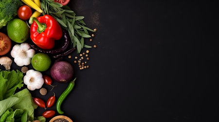Fresh vegetables and herbs on black background, top view, copy spaceの写真素材