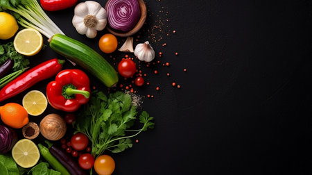 Fresh vegetables on black background. Top view with copy space. Bannerの写真素材