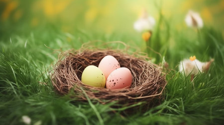 Easter eggs in a nest on the grass. Easter background.の写真素材