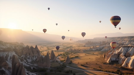 Hot air balloons flying over valley in Cappadocia, Turkeyの写真素材