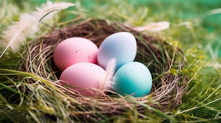 Easter eggs in nest on green grass background. Happy Easter.の写真素材