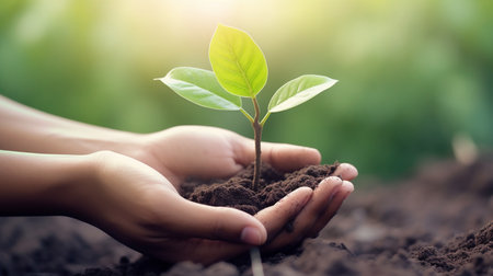 Human hands holding green plant with soil background. Earth day concept.の写真素材