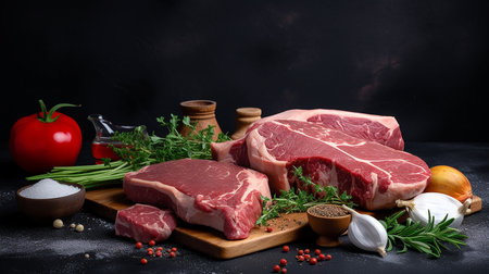 Raw beef steak with ingredients for cooking on a black background. Selective focus.の写真素材