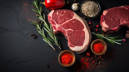 Raw beef steak with spices and herbs on black background, top viewの写真素材