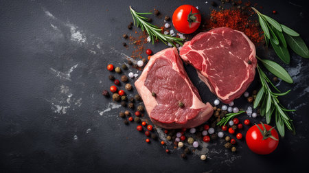Raw beef steak with spices and herbs on dark background, top viewの写真素材