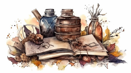 Watercolor illustration of an old bottle, books and autumn leaves.の写真素材