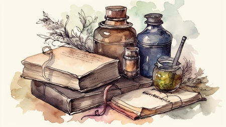 Watercolor illustration of old books, mortar and pestle with herbsの写真素材
