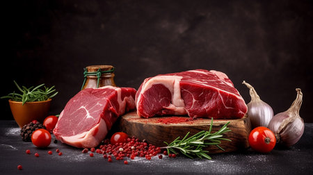 Raw fresh beef steak with spices and vegetables on a black background.の写真素材