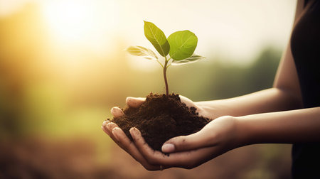 Hands holding green plant in soil with nature background, World Environment day conceptの写真素材
