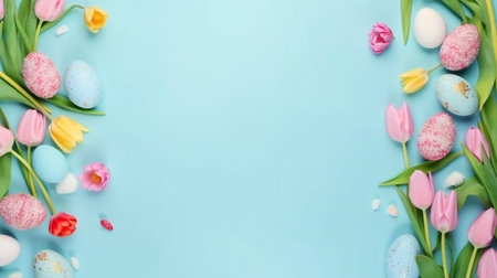 Easter background with colorful eggs, tulips and marshmallows on blue backgroundの写真素材