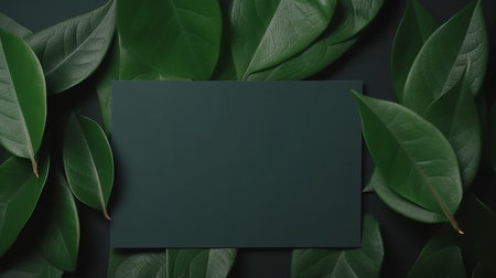 Mockup of a business card with green leaves on a dark backgroundの写真素材