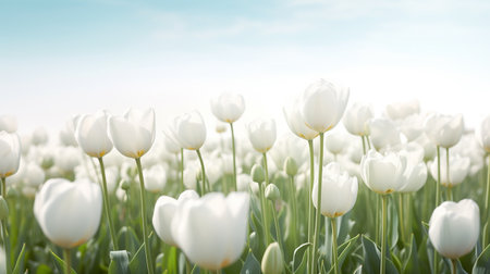 White tulips on a field in spring. Close-up.の写真素材