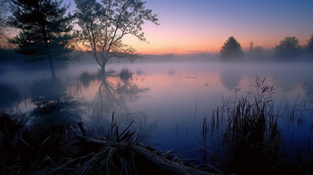 Foggy morning on the lake. Landscape with fog.の写真素材