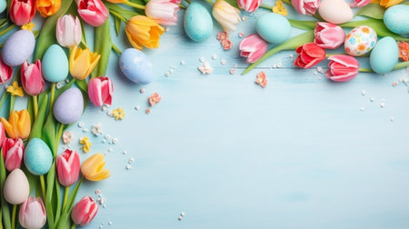 Easter eggs and tulips on blue wooden background. Top view with copy spaceの写真素材