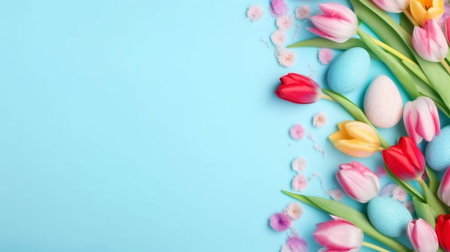 Colorful easter eggs and tulips on blue background with copy spaceの写真素材