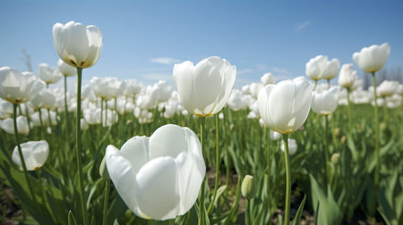 White tulips growing in an agricultural field on a sunny spring dayの写真素材