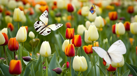 Butterfly on tulip flower in the garden, nature backgroundの写真素材