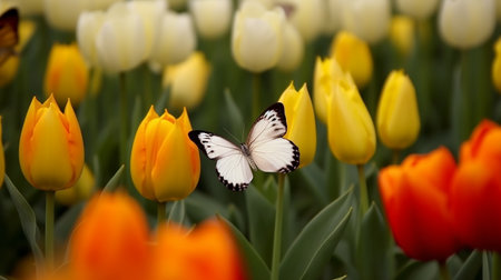 Butterfly and tulips in the garden. Spring flowers.の写真素材
