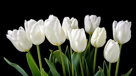White tulips isolated on black background. Beautiful bouquet of tulipsの写真素材