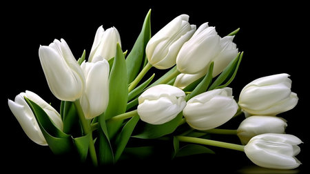 Bouquet of white tulips with green leaves on black backgroundの写真素材