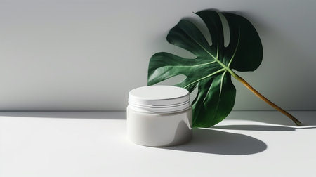Jar of cream and monstera leaf on white background. 3d renderingの写真素材