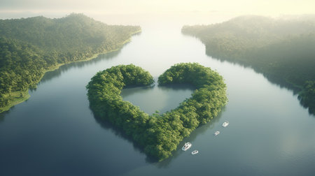 Heart shape made out of green trees in the middle of a lakeの写真素材