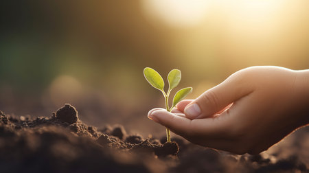 Human hand holding green seedling growing on fertile soil with sunlight backgroundの写真素材