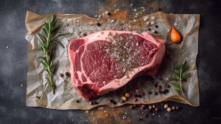 Raw T-bone steak with spices and herbs on dark background, top viewの写真素材
