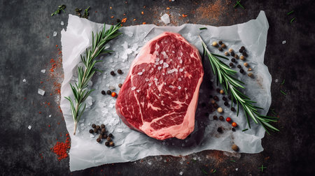 Raw fresh beef steak with spices and herbs on a dark background, top viewの写真素材