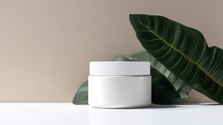 Cosmetic cream jar mockup with green leaf on white table. 3d renderingの写真素材