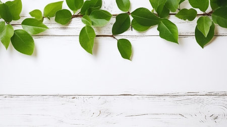 Green leaves on white wooden background. Flat lay, top view.の写真素材