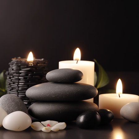 Spa stones with burning candles on dark background. Zen concept.の写真素材