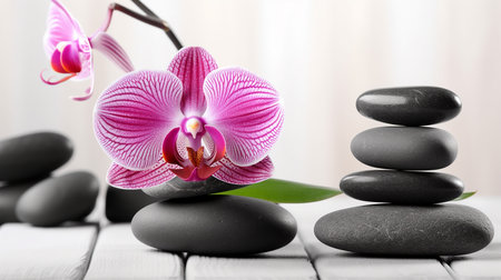 Spa stones and orchid flower on wooden table, closeupの写真素材