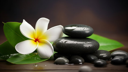 zen basalt stones and frangipani flower on wooden backgroundの写真素材