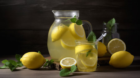 Lemonade with fresh lemons and mint leaves on wooden backgroundの写真素材