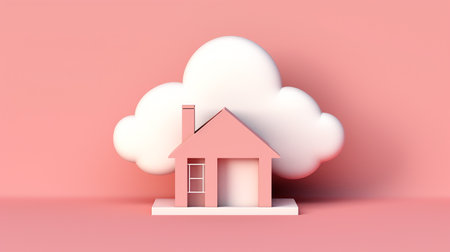 3d rendering of a house with clouds on a pink background.の写真素材