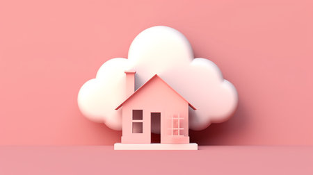 3d rendering of house with cloud on pastel pink background.の写真素材