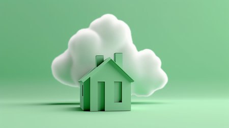 House with cloud on green background. 3D render. Real estate conceptの写真素材