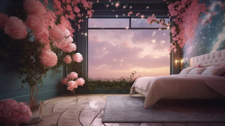 3d rendering of a beautiful bedroom with a view of the sunsetの写真素材