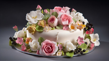 beautiful cake decorated with flowers and berries on a black background.の写真素材