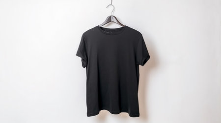 Black t-shirt hanging on a hanger on a white wallの写真素材